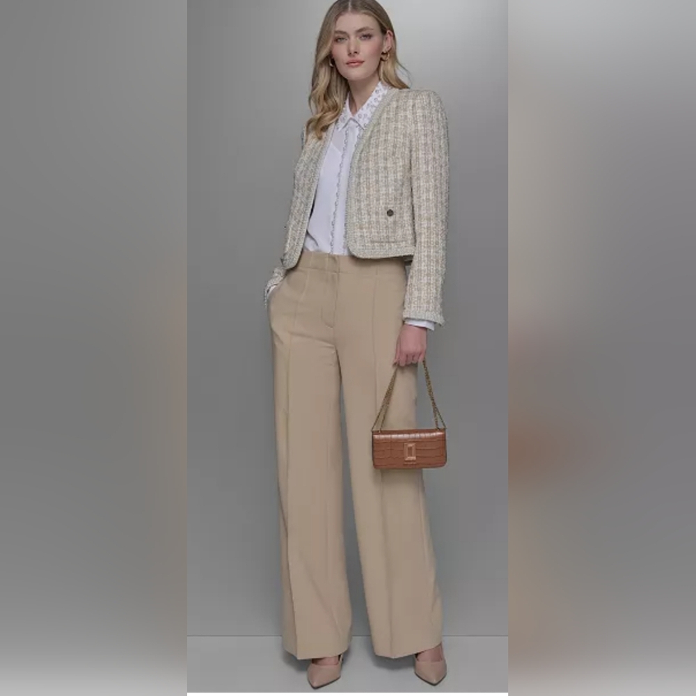 Karl Lagerfeld SEALED! NWT! Cropped Tweed Open Front Jacket in Buff Metallic. 2.